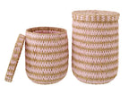 Set Of 2 Basket With Lid Striped Rush Natural/Light Pink - Tuincentrum Lopik