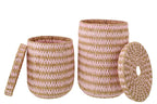 Set Of 2 Basket With Lid Striped Rush Natural/Light Pink - Tuincentrum Lopik