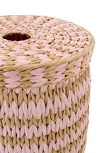 Set Of 2 Basket With Lid Striped Rush Natural/Light Pink - Tuincentrum Lopik