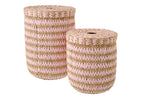 Set Of 2 Basket With Lid Striped Rush Natural/Light Pink - Tuincentrum Lopik