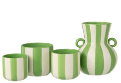 Vase Striped Ceramic Green/White - Tuincentrum Lopik