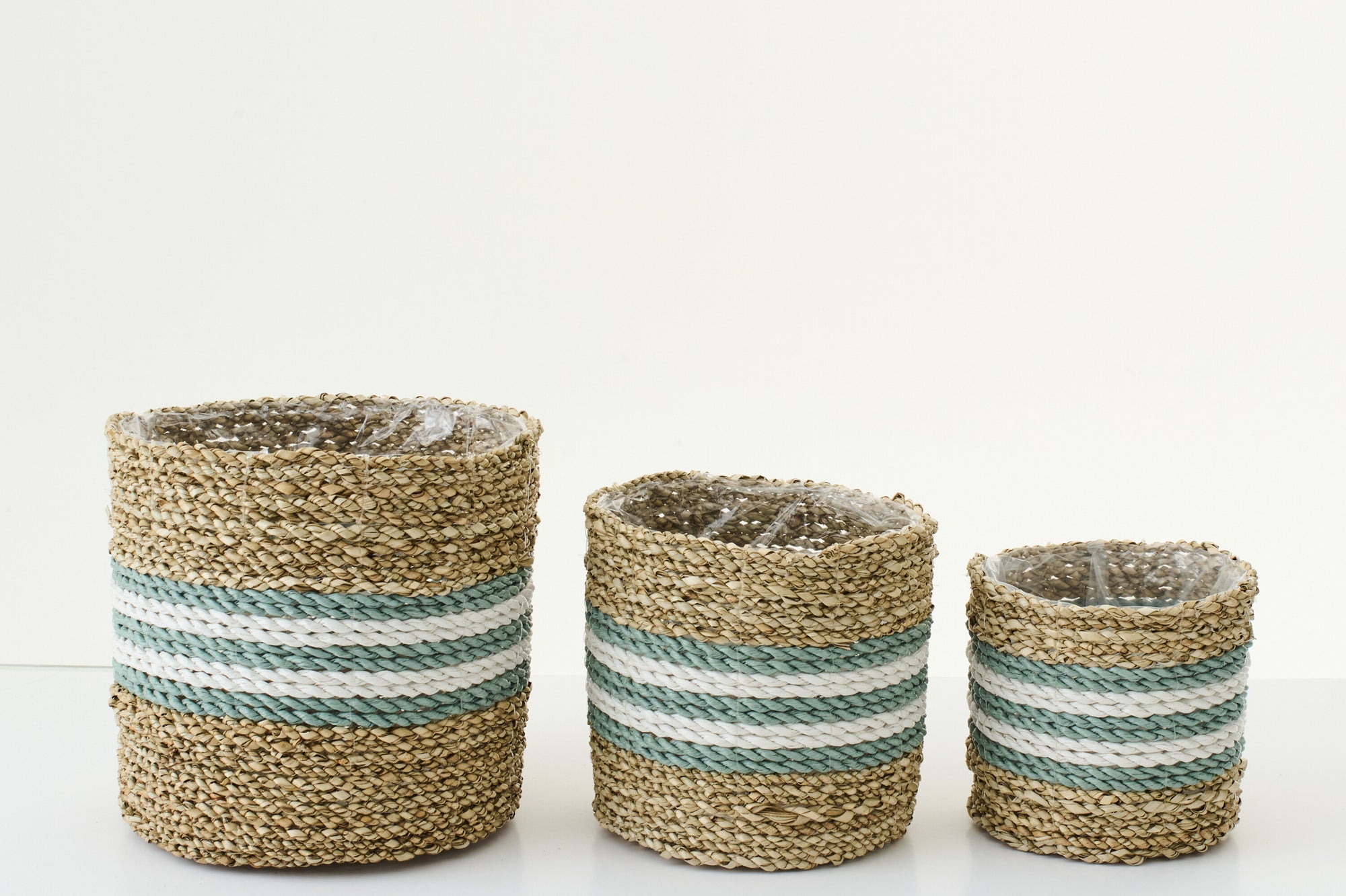 J-LINE SET OF 3 FLOWERPOT STRIPED SEAGRASS NATURAL/TURQUOISE - Tuincentrum Lopik
