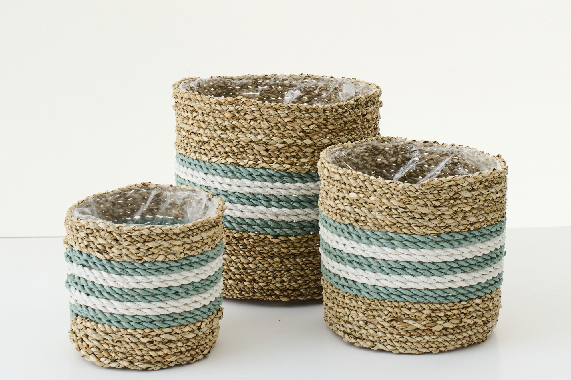 J-LINE SET OF 3 FLOWERPOT STRIPED SEAGRASS NATURAL/TURQUOISE - Tuincentrum Lopik