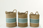 Set Of 3 Basket Striped Seagrass Natural/Turquoise - Tuincentrum Lopik