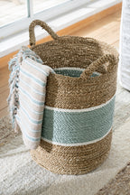 Set Of 3 Basket Striped Seagrass Natural/Turquoise - Tuincentrum Lopik