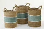 Set Of 3 Basket Striped Seagrass Natural/Turquoise - Tuincentrum Lopik
