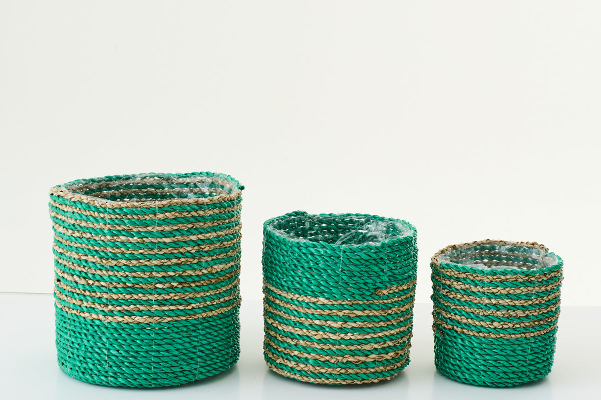 Set Of 3 Flowerpot Striped Raffia Dark Green/Natural - Tuincentrum Lopik