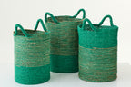Set Of 3 Basket Striped Raffia Dark Green/Natural - Tuincentrum Lopik
