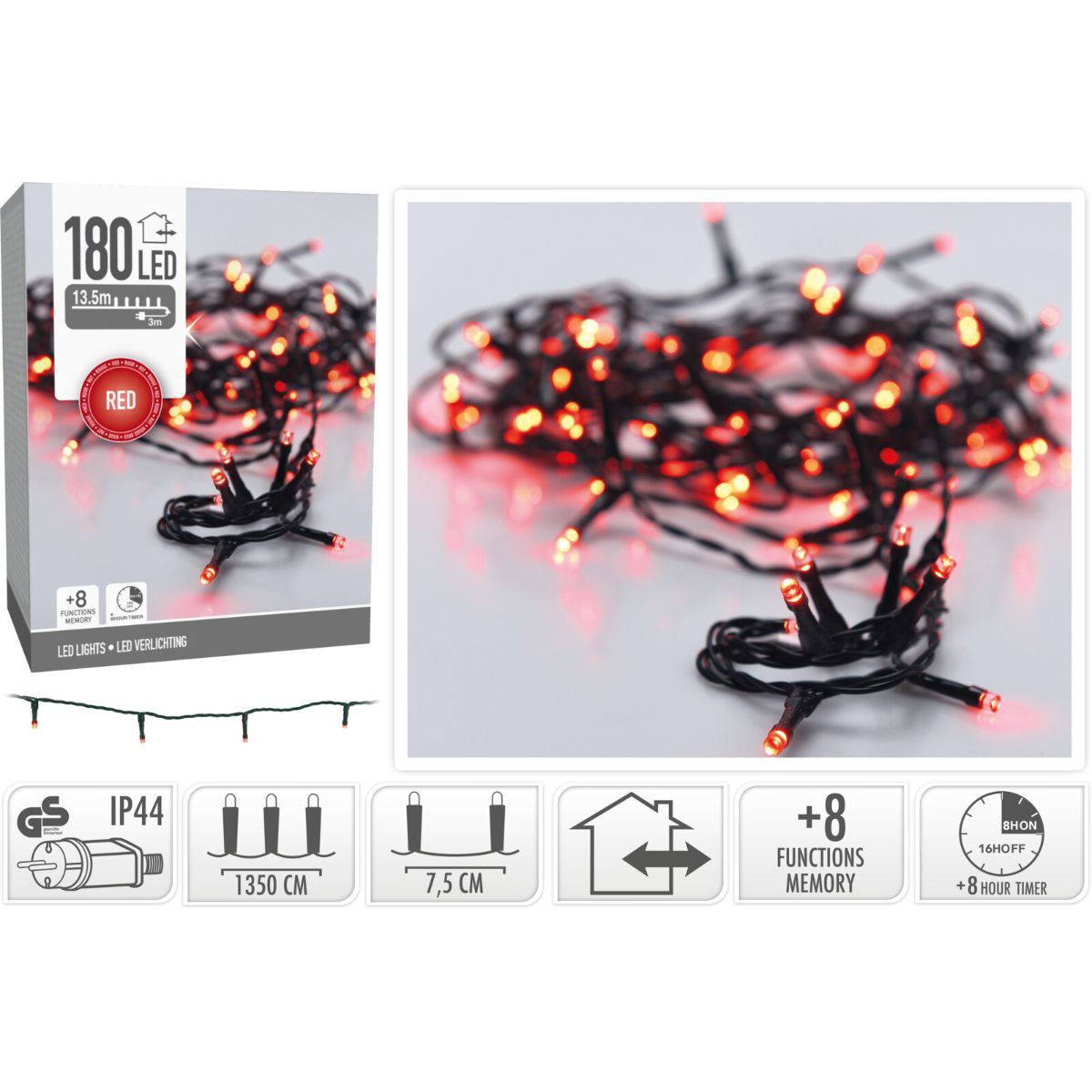 Kerstverlichting 180 Led- 13.5M - Rood - Timer - Lichtfuncties - Geheugen - Buiten