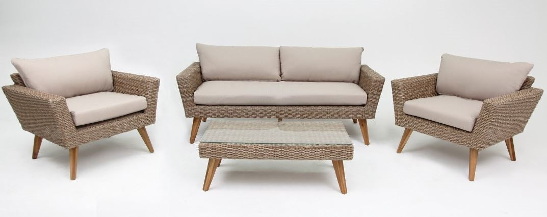 ANDALUCIA LOUNGE SET 4PCS ALU LICHTGEEL WICKER HALFROUND 7MM RATTAN GRIJS ACACIA TEAK LOOK GLASPLAAT ROYAL STONE NATURAL KUSSENS
