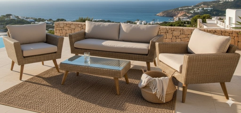 ANDALUCIA LOUNGE SET 4PCS ALU LICHTGEEL WICKER HALFROUND 7MM RATTAN GRIJS ACACIA TEAK LOOK GLASPLAAT ROYAL STONE NATURAL KUSSENS