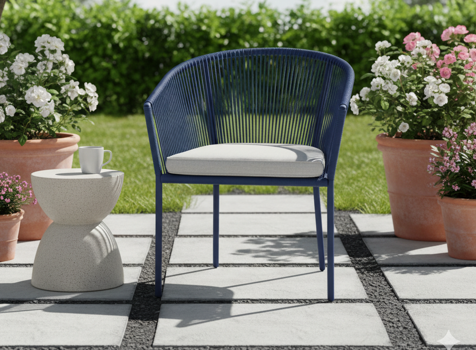REIMS STAPELBARE DINING STOEL ALU INDIGO ROPE 4.5MM INDIGO ROYAL STONE GREY KUSSEN