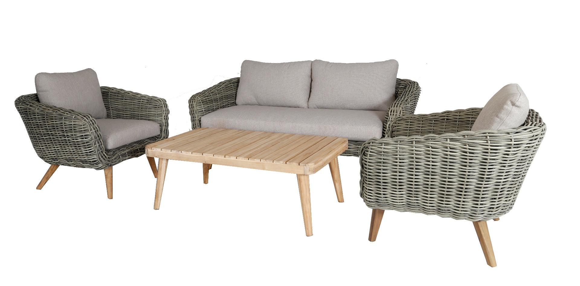 SERRANO LOUNGESET 4-TEILIG ALU GRAU / WICKER RUND 10MM GREEN FADED GREY / AKAZIE TEAK-OPTIK HELL