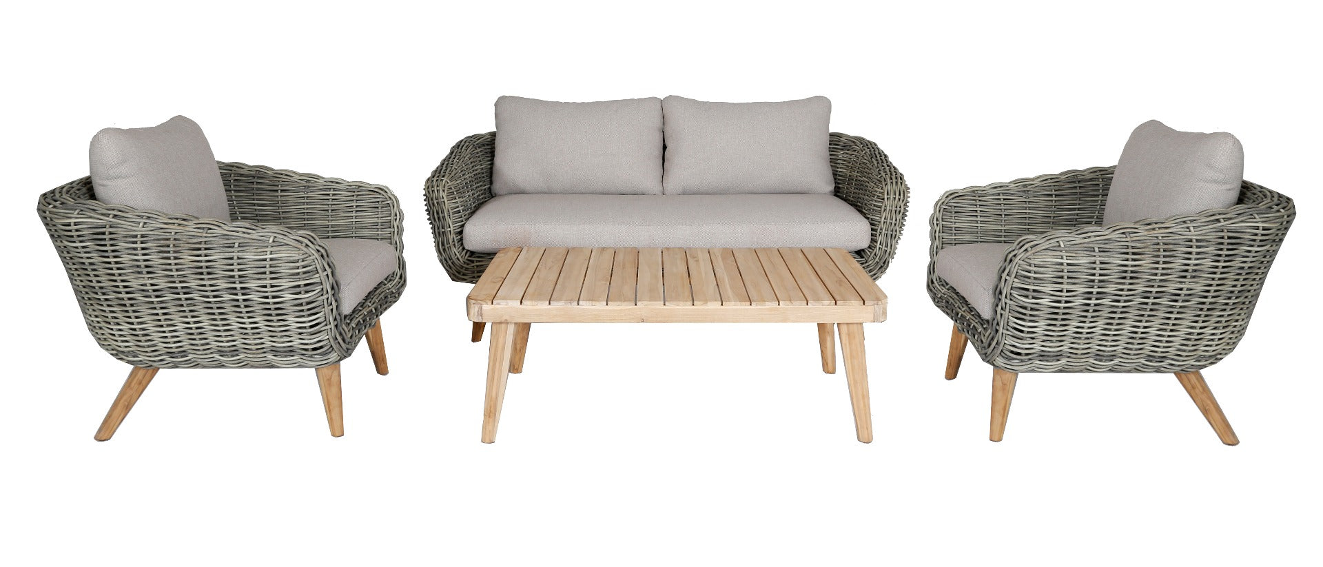 SERRANO LOUNGESET 4-TEILIG ALU GRAU / WICKER RUND 10MM GREEN FADED GREY / AKAZIE TEAK-OPTIK HELL