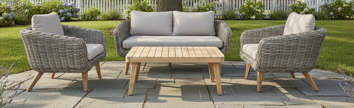 SERRANO LOUNGESET 4-TEILIG ALU GRAU / WICKER RUND 10MM GREEN FADED GREY / AKAZIE TEAK-OPTIK HELL
