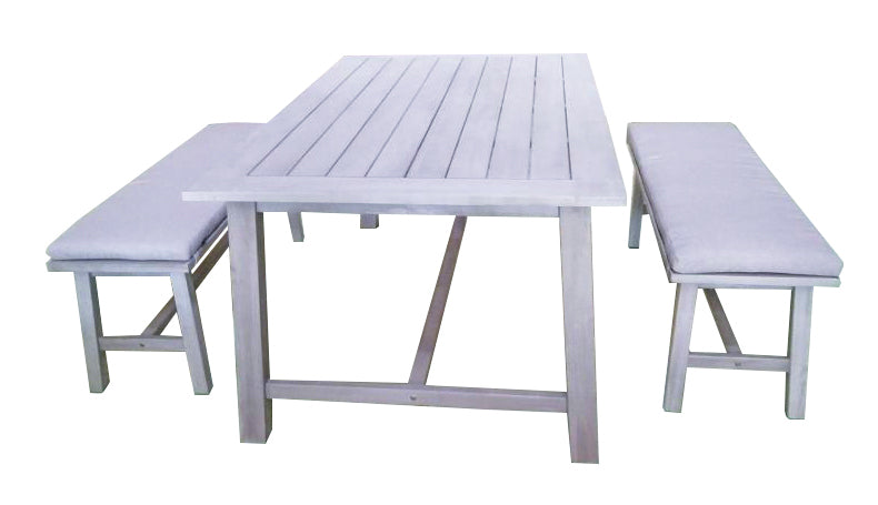 RAVELLO DINING SET 3PCS 2X BANK + TAFEL 177X102X75CM ACACIA FOSSIL GREY ROYAL STONE GREY KUSSENS
