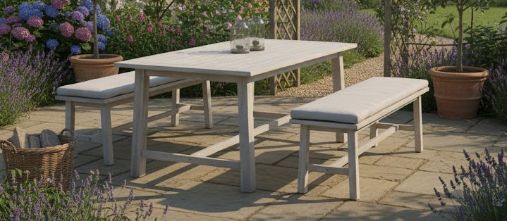 RAVELLO DINING SET 3PCS 2X BANK + TAFEL 177X102X75CM ACACIA FOSSIL GREY ROYAL STONE GREY KUSSENS