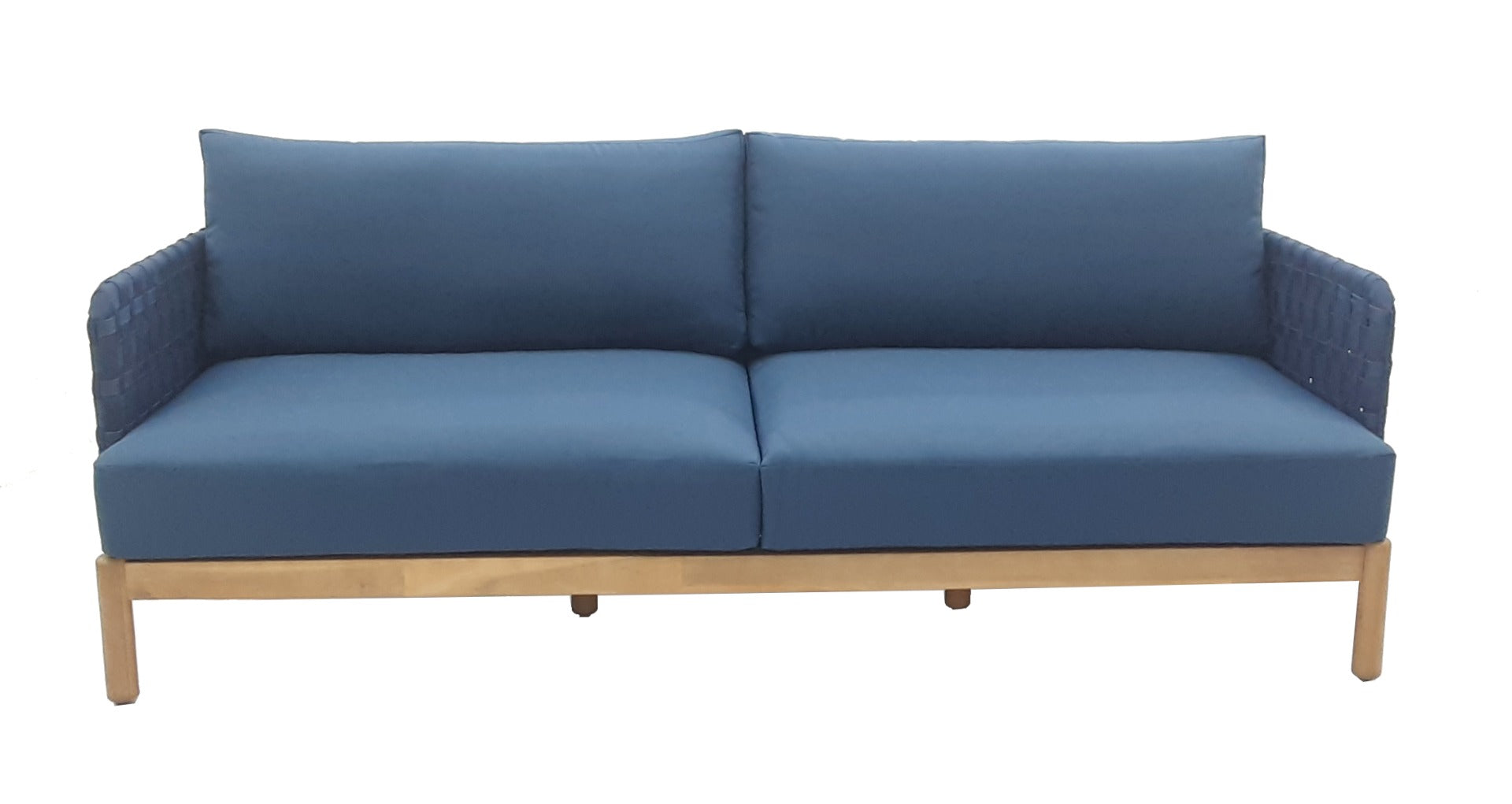 KOLBE 3-ZITS SOFA STAAL NAVY BLUE BRAIDED OUTDOOR 40MM ACACIA LIGHT TEAK LOOK SERVAL NAVY BLUE KUSSENS