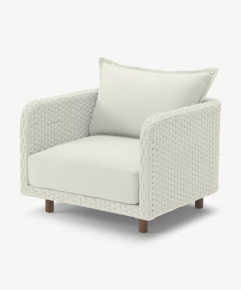 NAYAN LOUNGE CHAIR STAAL OYSTER ROPE OFF-WHITE ACACIA VINTAGE DARK TEAK LOOK ROYAL SAND KUSSENS
