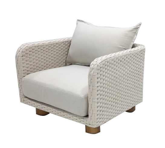 NAYAN LOUNGE CHAIR STAAL OYSTER ROPE OFF-WHITE ACACIA VINTAGE DARK TEAK LOOK ROYAL SAND KUSSENS