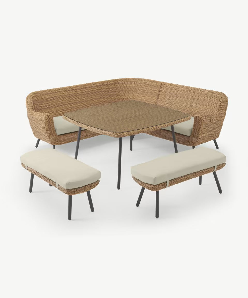 JONAH CORNER DINING SET 5PCS LINKS/RECHTS/2X BANK/TAFEL 130X130