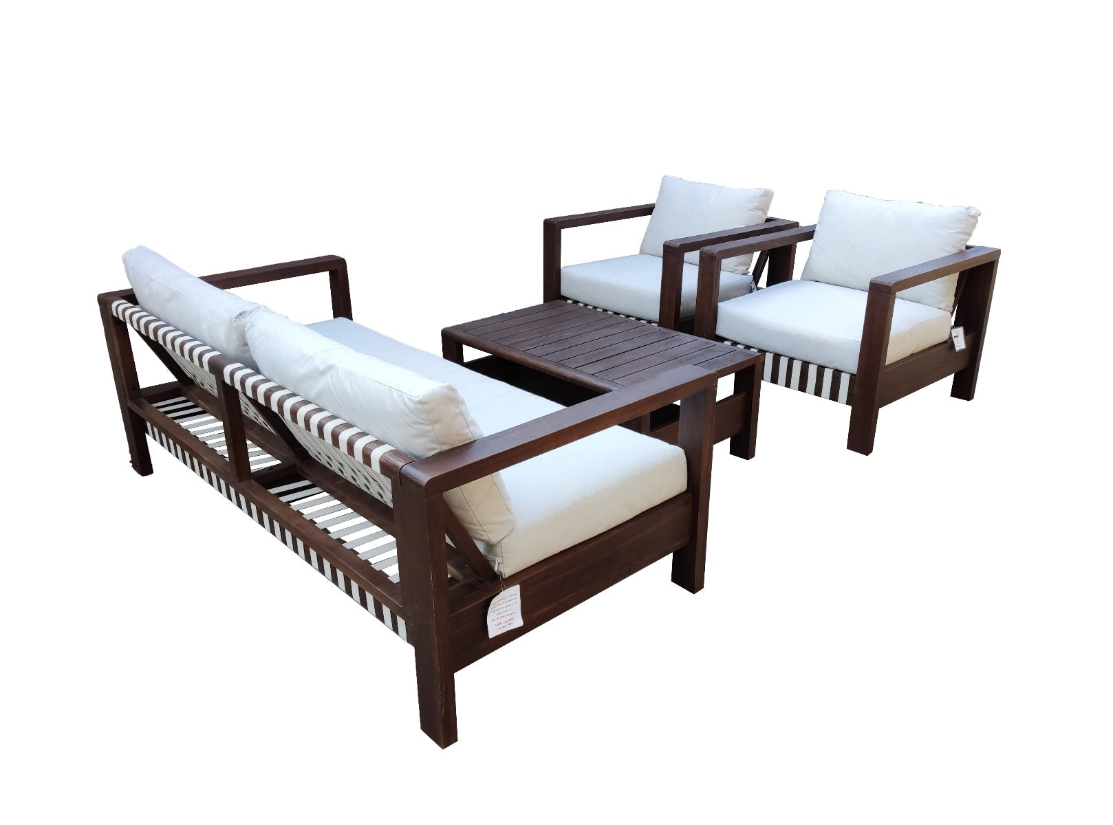 ZAMBRA LOUNGE SET 4PCS 2X FAUTEUIL + BANK + SALONTAFEL FLAT 30MM OFF-WHITE ACACIA VINTAGE DARK TEAK LOOK ROYAL SAND KUSSENS