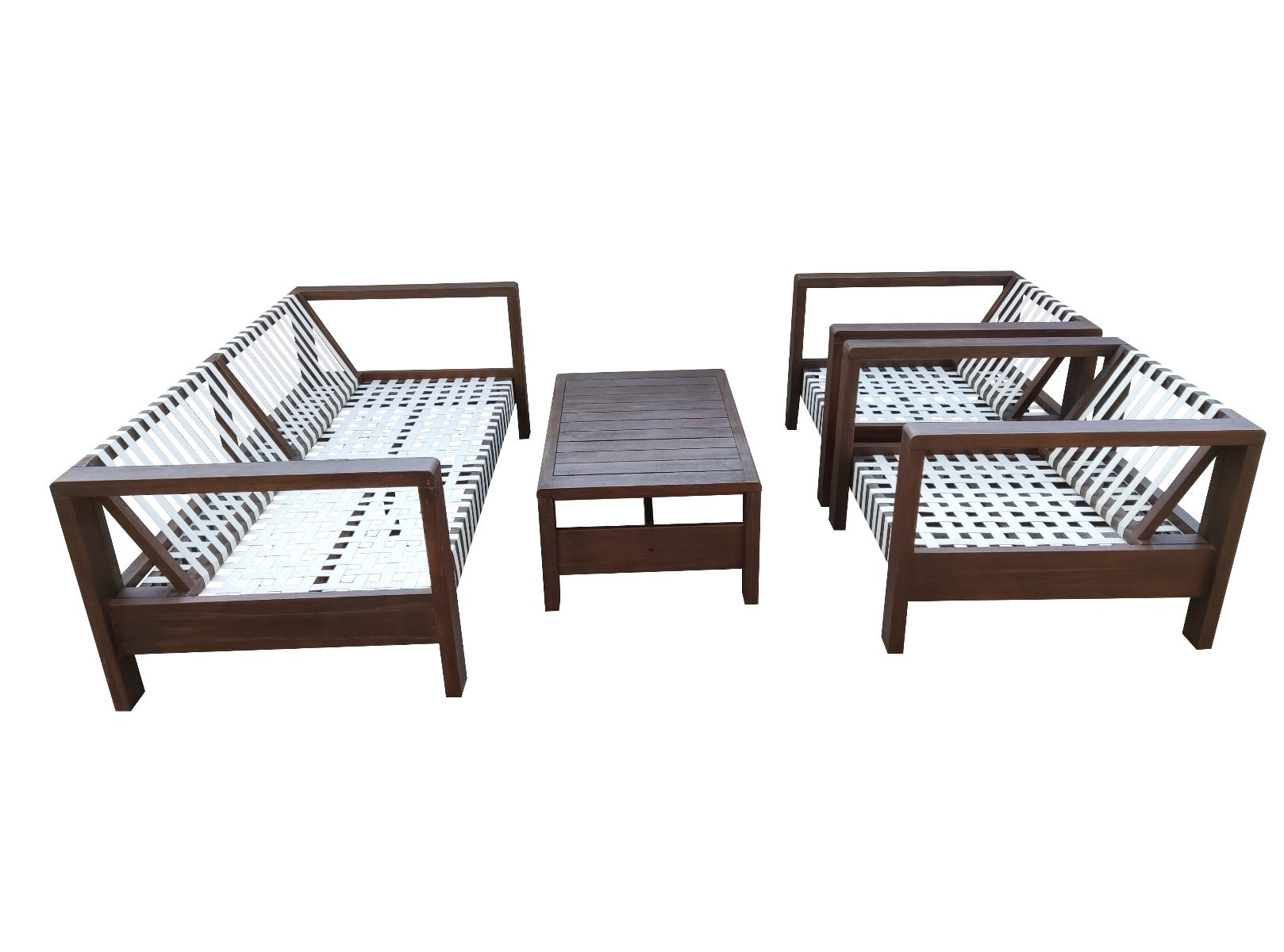 ZAMBRA LOUNGE SET 4PCS 2X FAUTEUIL + BANK + SALONTAFEL FLAT 30MM OFF-WHITE ACACIA VINTAGE DARK TEAK LOOK ROYAL SAND KUSSENS