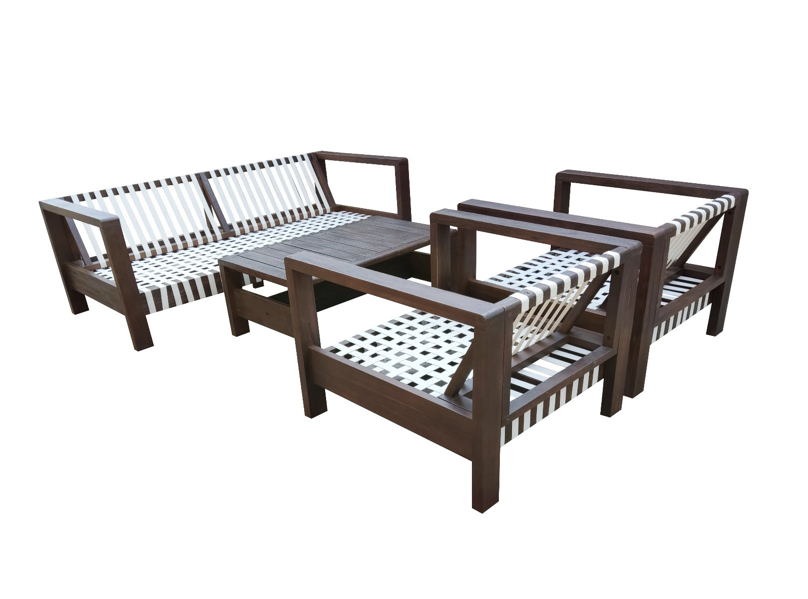 ZAMBRA LOUNGE SET 4PCS 2X FAUTEUIL + BANK + SALONTAFEL FLAT 30MM OFF-WHITE ACACIA VINTAGE DARK TEAK LOOK ROYAL SAND KUSSENS