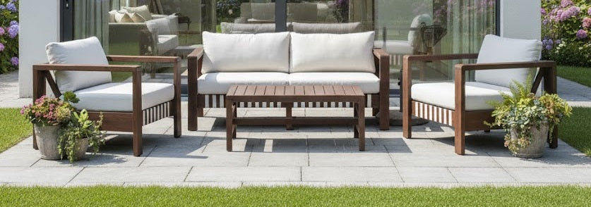 ZAMBRA LOUNGE SET 4PCS 2X FAUTEUIL + BANK + SALONTAFEL FLAT 30MM OFF-WHITE ACACIA VINTAGE DARK TEAK LOOK ROYAL SAND KUSSENS