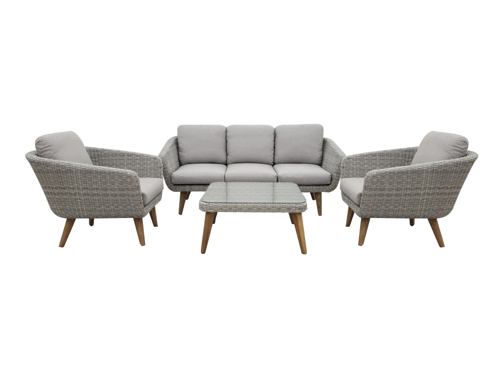 MIRE LOUNGE SET ALU LICHTGRIJS WICKER HALFROUND 7MM NATURAL WHITE GREY ACACIA LIGHT TEAK LOOK FSC 100% ROYAL STONE GREY KUSSENS