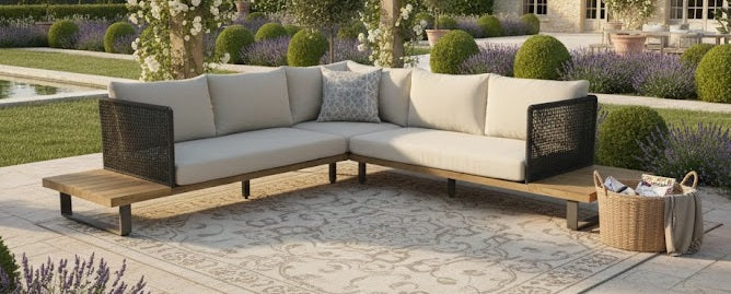 TENERIFE LOUNGE CORNER SET 2PCS ALU ANTRACIET ROPE ANTRACIET ACACIA TEAK LOOK ROYAL SAND KUSSENS