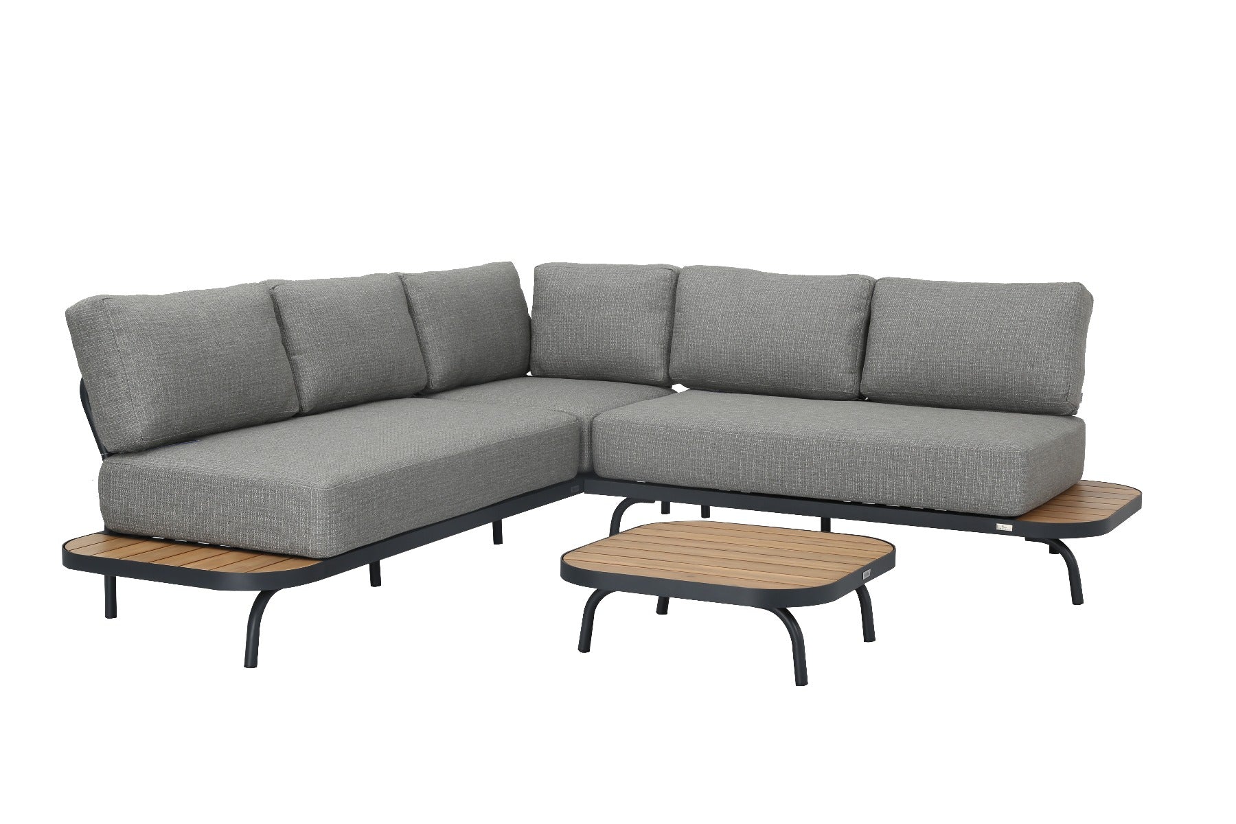 PORTO LOUNGE CORNER SET PROMO STAAL POWDER COATED ANTRACIET RAL 7016 ACACIA LIGHT TEAK LOOK FONTELINA KUSSENS
