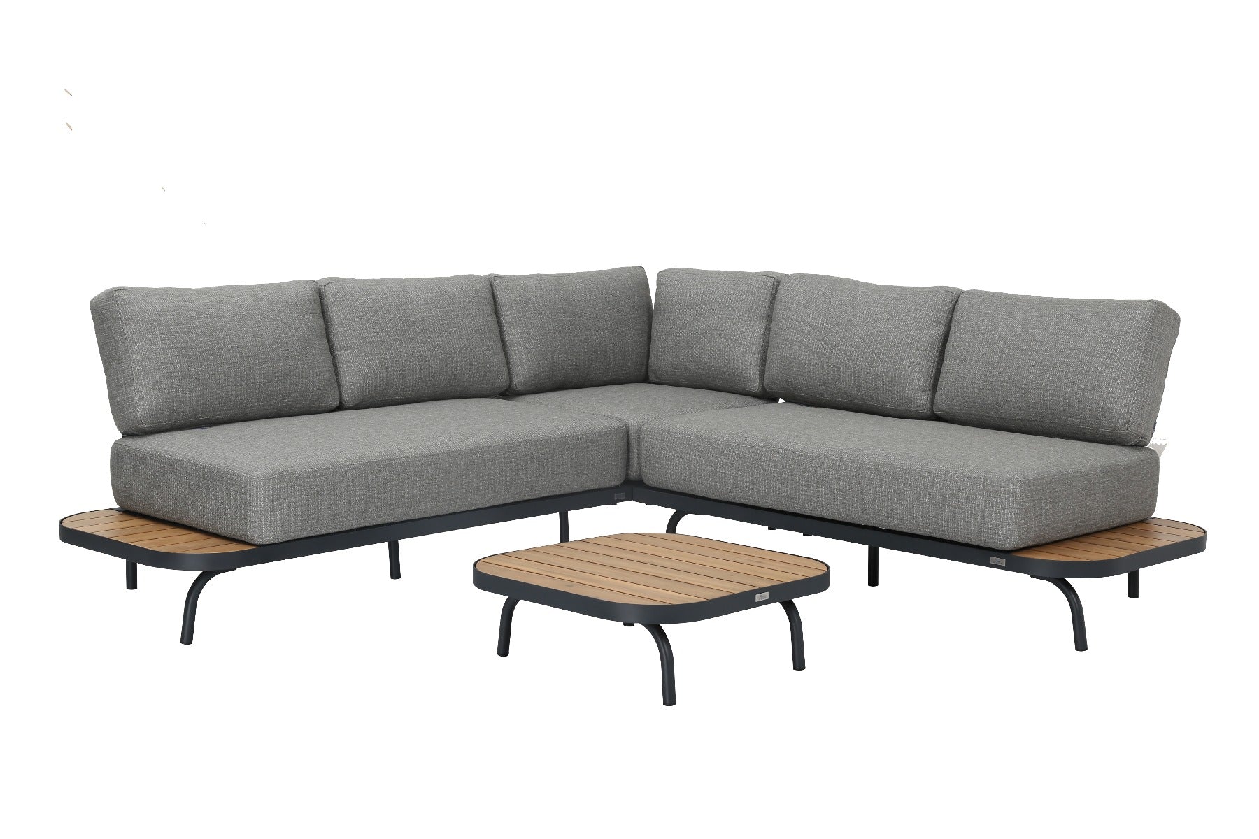 PORTO LOUNGE CORNER SET PROMO STAAL POWDER COATED ANTRACIET RAL 7016 ACACIA LIGHT TEAK LOOK FONTELINA KUSSENS