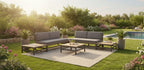 BETIS LOUNGE SET 6PCS 2X BANK + 4X TAFEL ALU ANTRACIET ACACIA LIGHT TEAK LOOK ROYAL ANTHRACITE KUSSENS