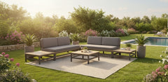 BETIS LOUNGE SET 6PCS 2X BANK + 4X TAFEL ALU ANTRACIET ACACIA LIGHT TEAK LOOK ROYAL ANTHRACITE KUSSENS