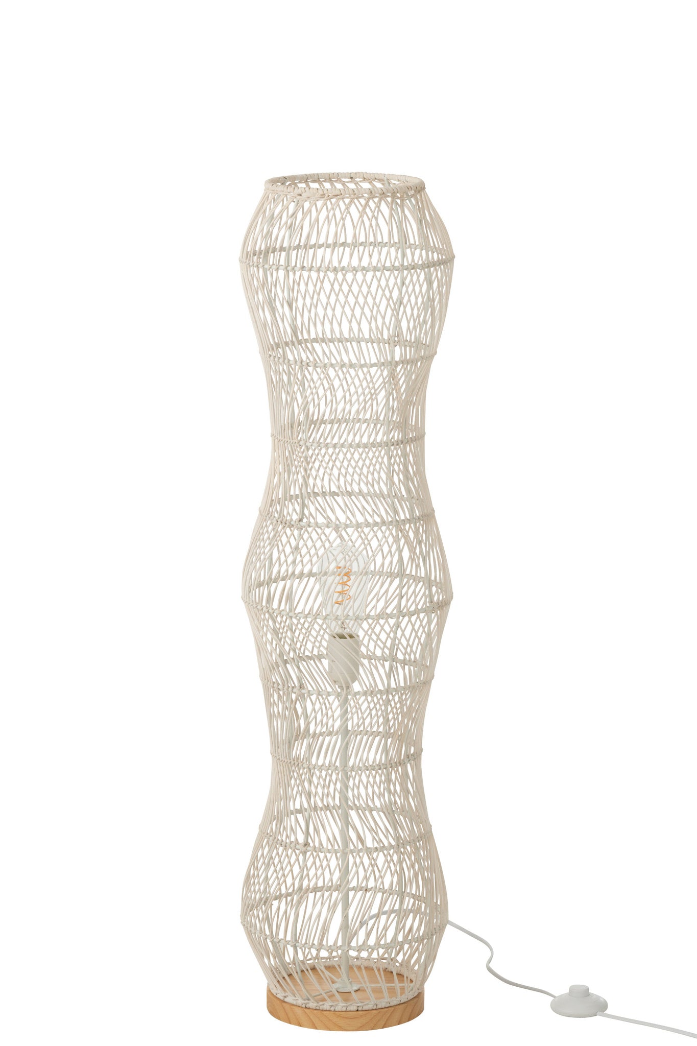 Witte vloerlamp met gevlochten rotan en metalen frame