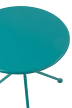 Kleine ronde metalen tuintafel met driepoot, turquoise