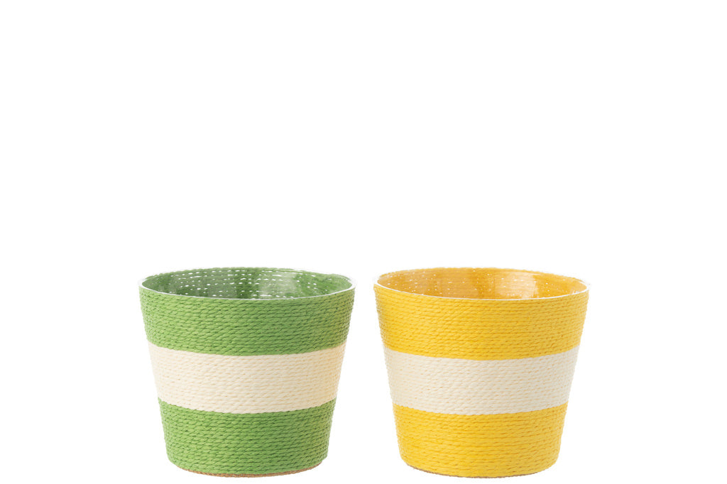 J-LINE BLOEMPOT TOUW STREEP PAPIER/PET GEEL/GROEN MEDIUM (SET VAN 2)