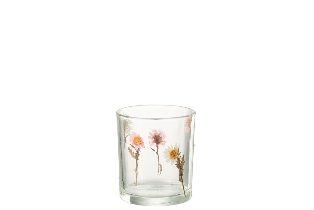 J-LINE THEELICHTHOUDER PEGGY FLOWERS GLAS KLEIN
