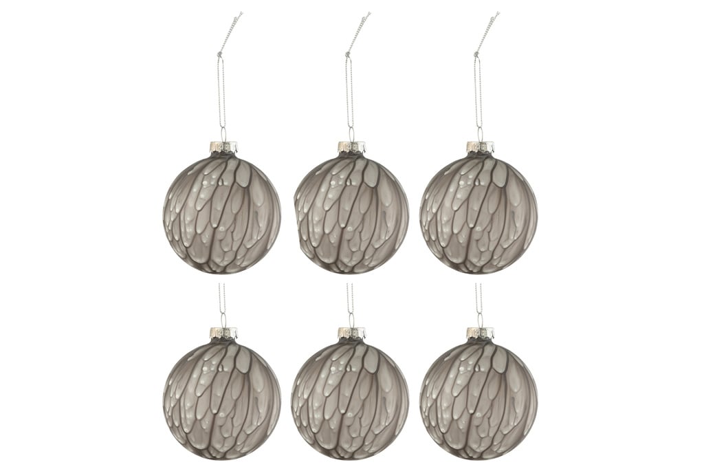 J-LINE BOX OF 6 CHRISTMAS BAUBLES SPOTTED GLASS MATTE GREY SMALL