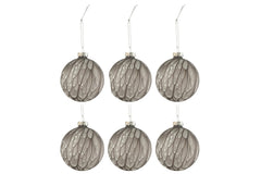 J-LINE BOX OF 6 CHRISTMAS BAUBLES SPOTTED GLASS MATTE GREY SMALL