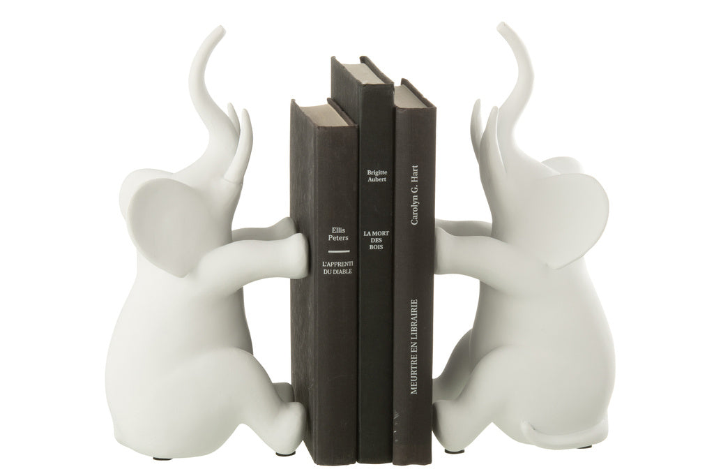 J-LINE BOEKSTEUN OLIFANT ZITTEND POLYRESIN WIT – SET VAN 2