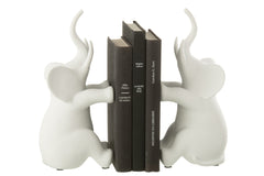 J-LINE BOEKSTEUN OLIFANT ZITTEND POLYRESIN WIT – SET VAN 2