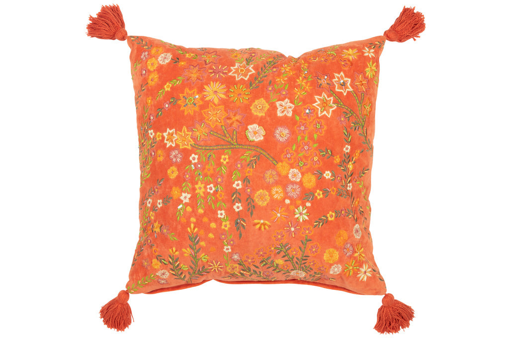 J-LINE KUSSEN VIERKANT BLOEMEN + KWASTJES FLUWEEL ORANJE