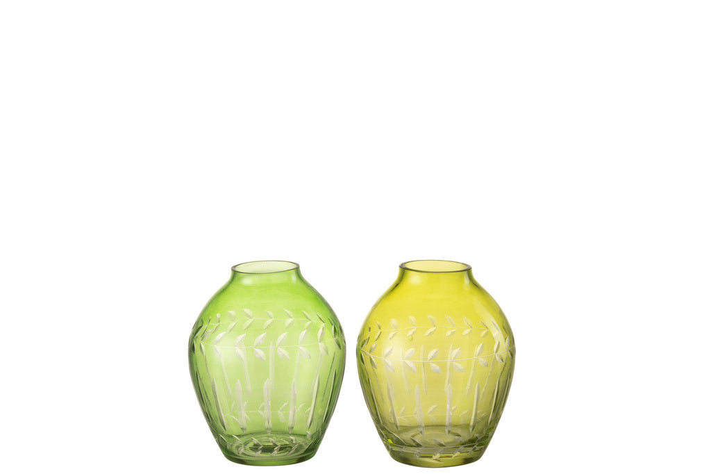 J-LINE VAAS BOL BLADEREN GLAS GROEN - TWEE STUKS