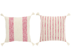 Kussen Vierkant Strepen+Kwastjes Katoen Wit/Roze Assortiment Van 2
