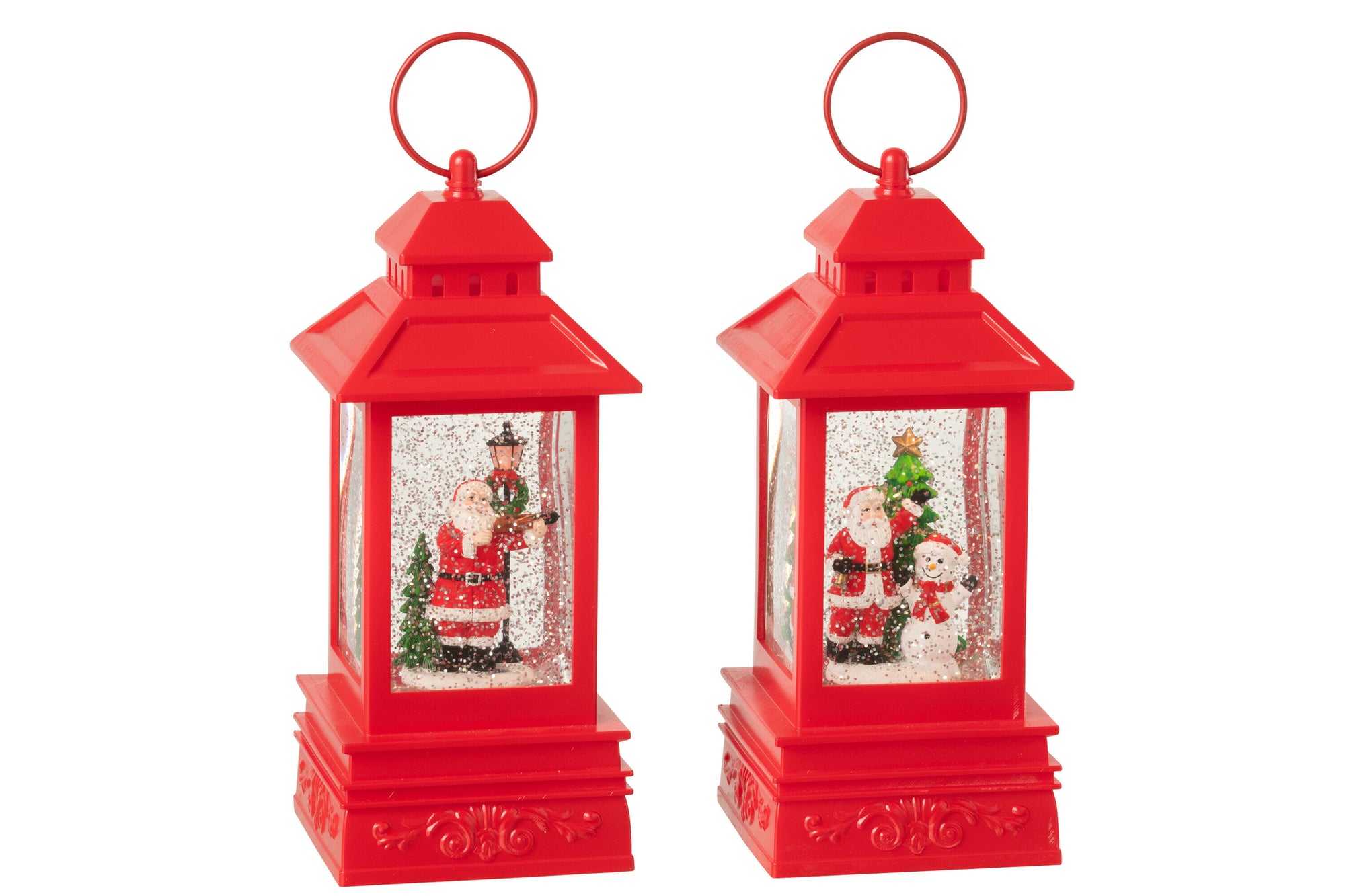  J-LINE WATER GLOBE LANTAARN KERSTMAN PLASTIC KERST ROOD – ASSORTIMENT VAN 2
