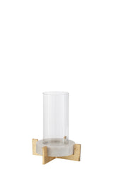 J-LINE GLAZEN THEELICHT MARMER/METAAL BASIS GRIJS/CHAMPAGNE KLEIN