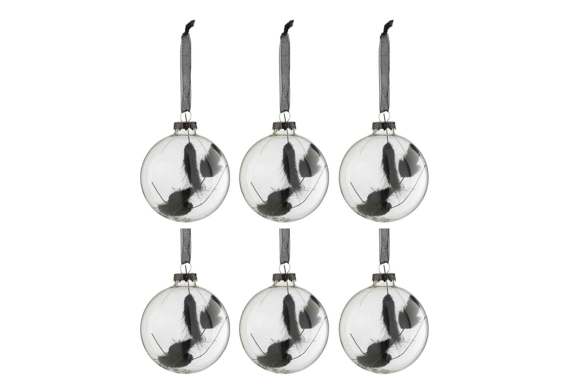 J-LINE DOOS VAN 6 KERSTBALLEN RONDE GEDROOGDE HARETAIL ZWART GLAS TRANSPARANT KLEIN