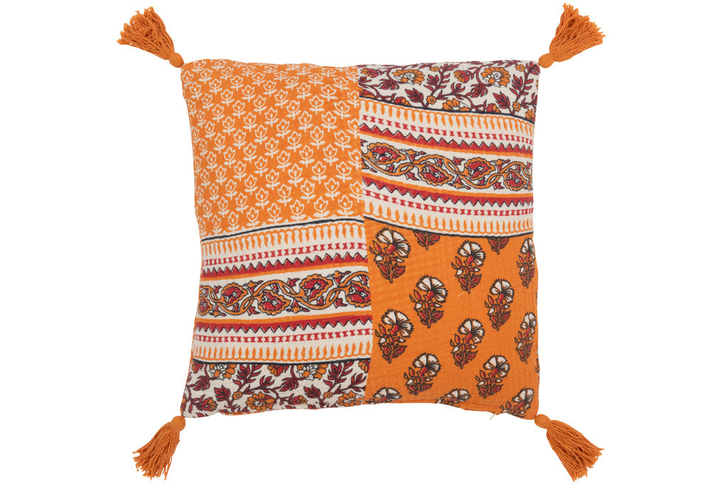 J-LINE KUSSEN FLOWERS + TASSELS – KATOEN ORANJE/RUST